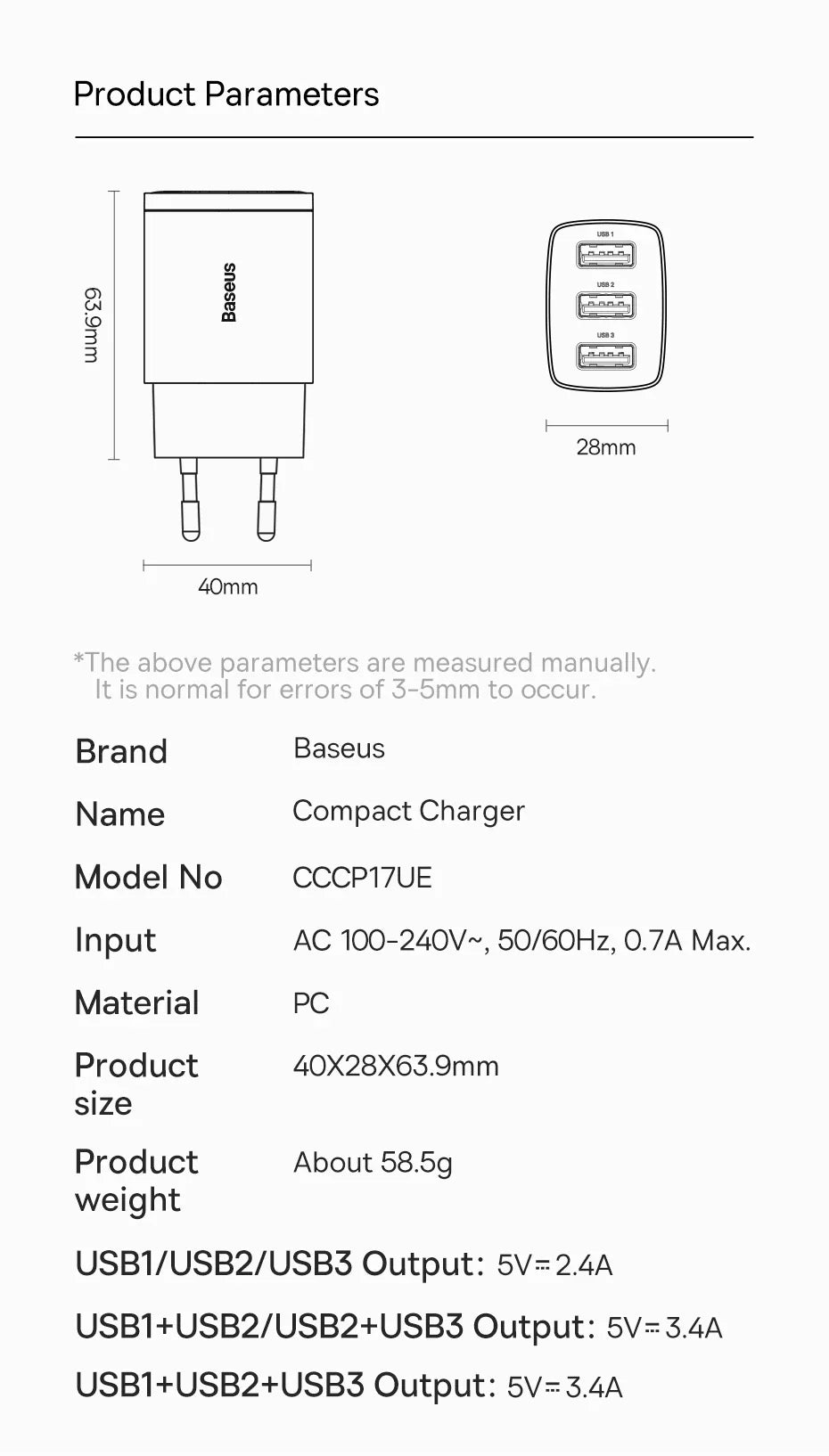 Technical specification sheet for a compact USB charger, showing product dimensions and electrical parameters.