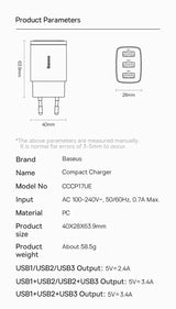 Technical specification sheet for a compact USB charger, showing product dimensions and electrical parameters.