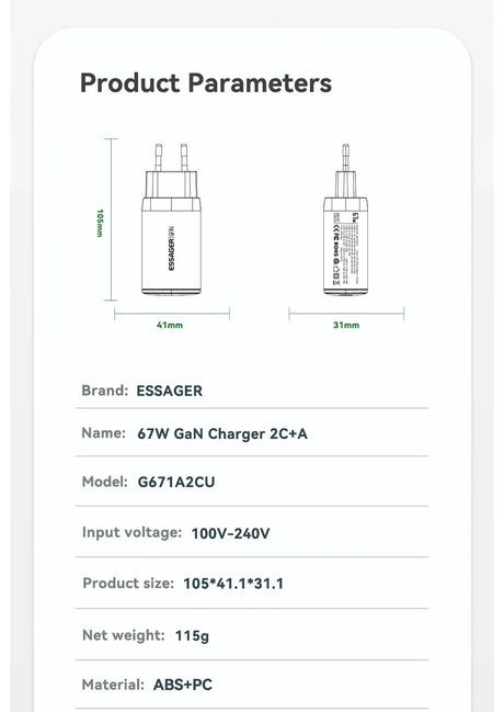 Technical specification sheet for an ESSAGER 67W GaN charger, showing product dimensions and parameters.