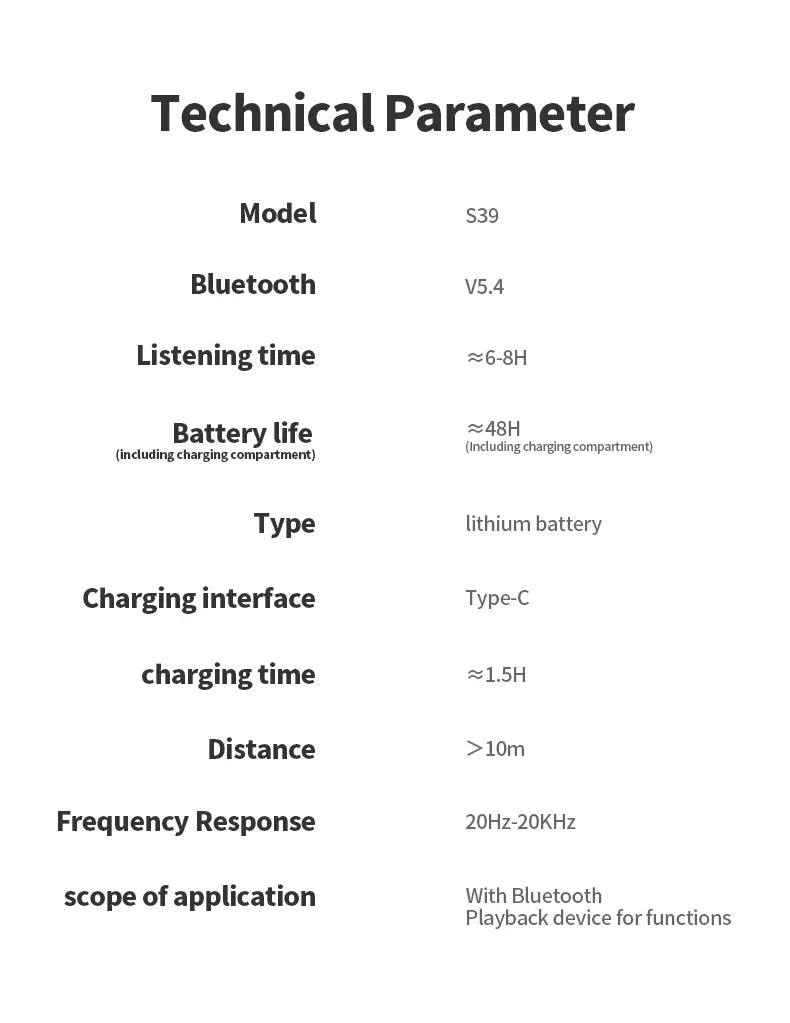 Technical specification sheet listing parameters for a Bluetooth device.