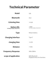 Technical specification sheet listing parameters for a Bluetooth device.