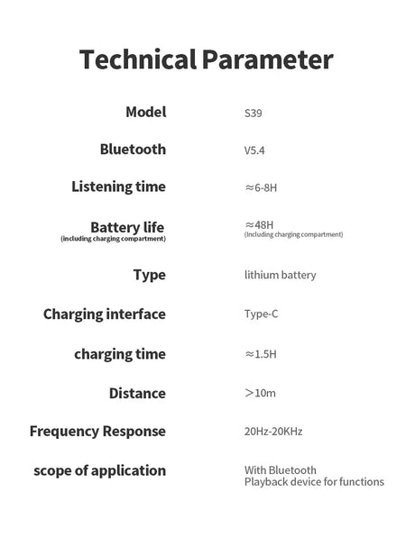 Technical specification sheet listing parameters for a Bluetooth device.