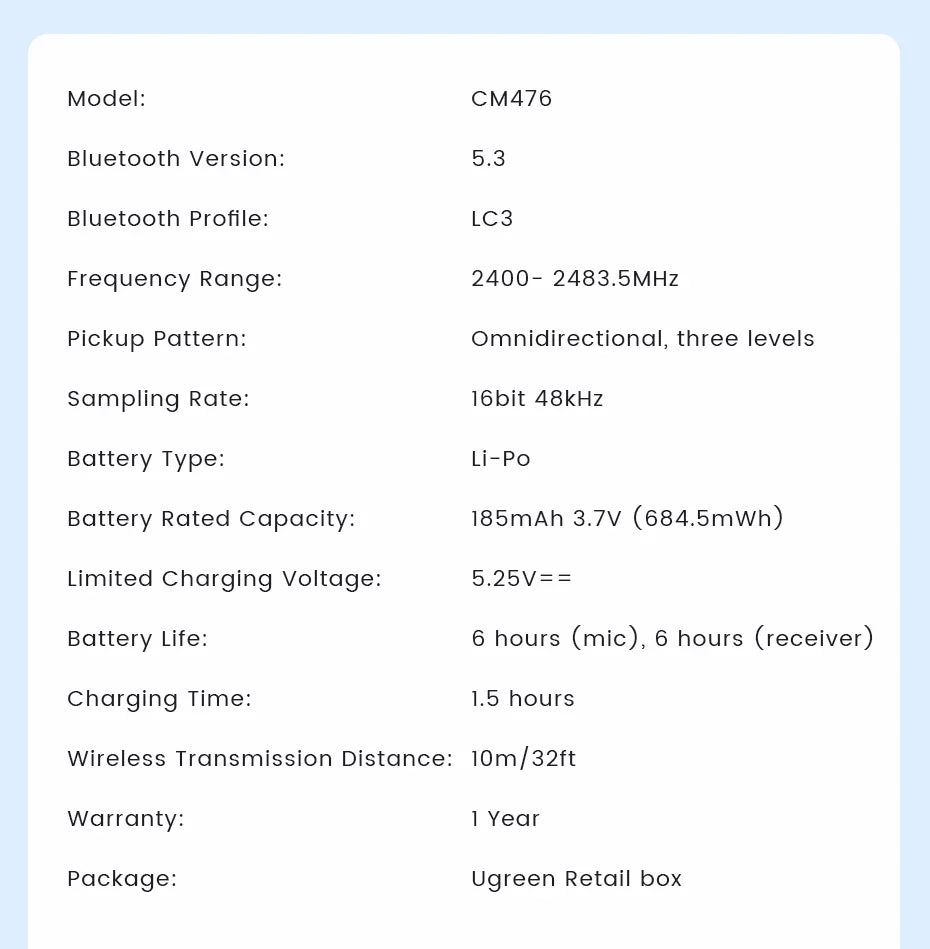 Technical specifications chart for a Bluetooth audio device, likely a wireless microphone or headset.