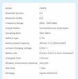 Technical specifications chart for a Bluetooth audio device, likely a wireless microphone or headset.
