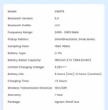 Technical specifications chart for a Bluetooth audio device, likely a wireless microphone or headset.