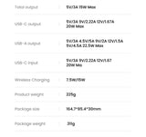 Technical specifications chart for a charging device or power bank, listing output capacities, input specifications, wireless charging capability, and physical dimensions.