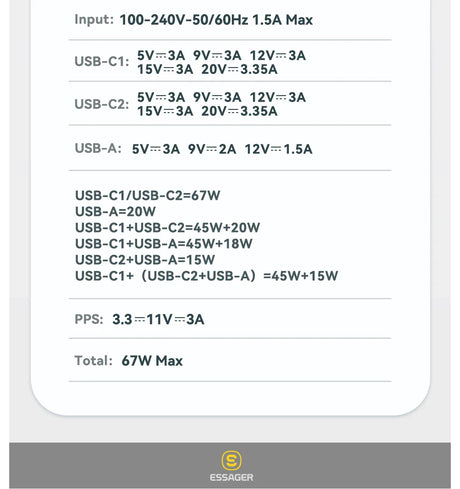 Technical specifications chart for a USB charging device with multiple ports and power output details.