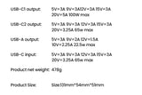 Technical specifications chart for a USB charging device with multiple output options and power ratings.