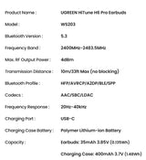 Technical specifications sheet for UGREEN HiTune H6 Pro Earbuds.