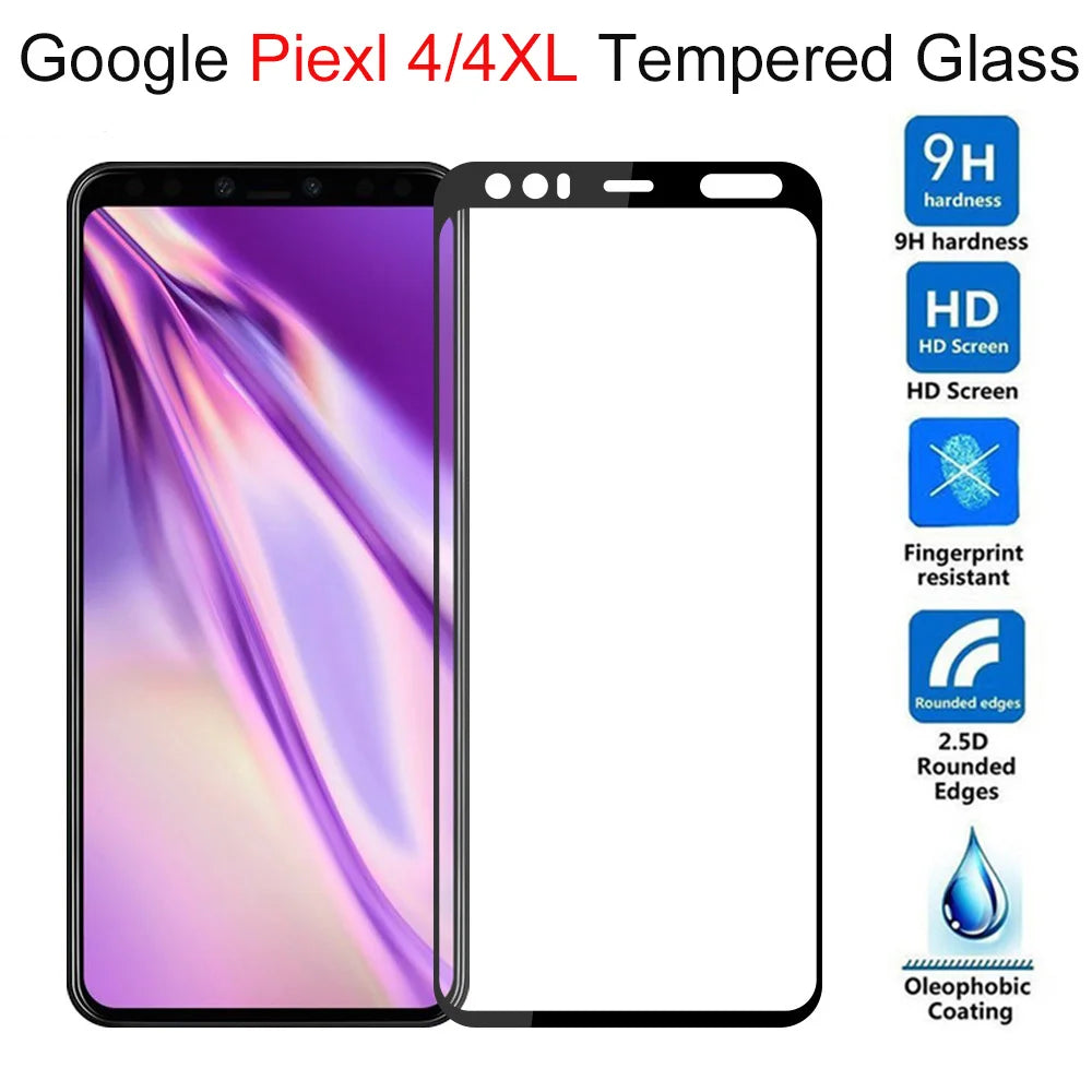 Tempered glass screen protector for Google Pixel 4/4XL smartphones with various protective features.