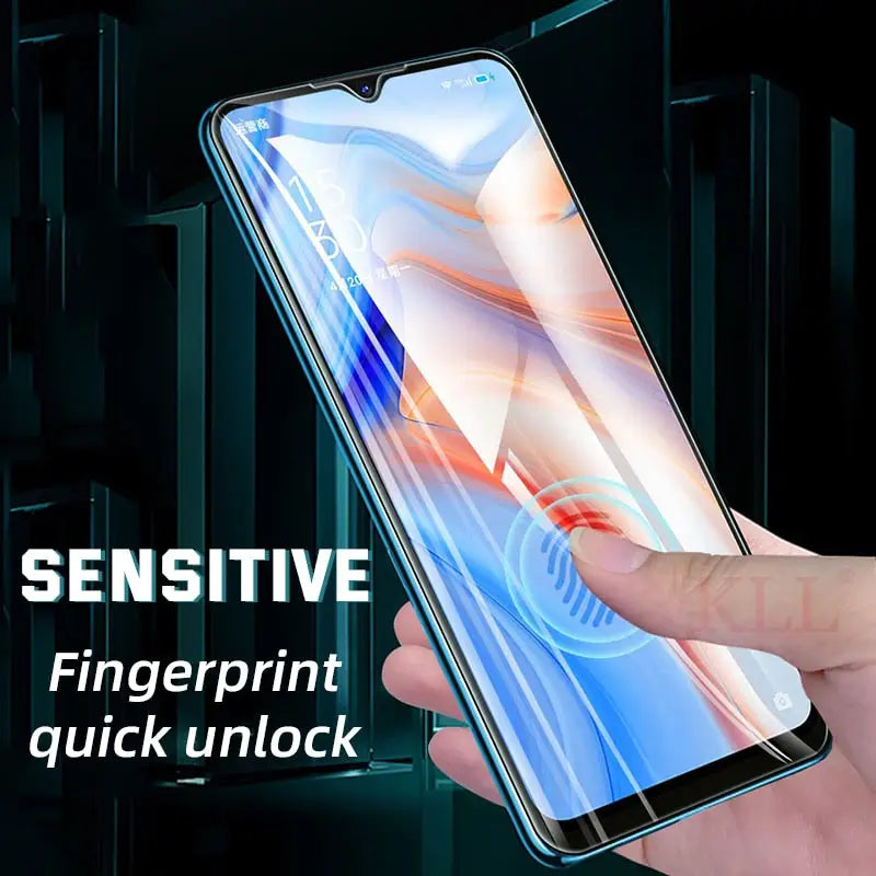 a hand holding a phone with the text sensitive tempered tempered screen protector