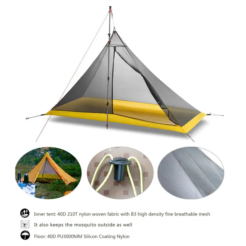 a tent with a yellow and black tent