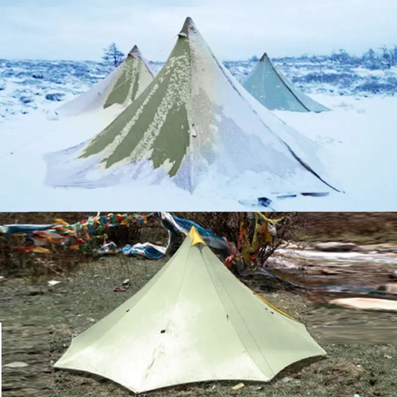 a tent in the snow with a mountain in the background