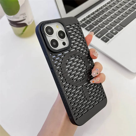 Textured black phone case with a circular pattern and triple camera cutout.