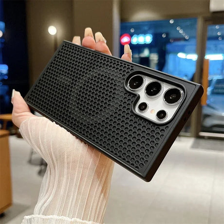 Textured black smartphone case with a prominent camera cutout.