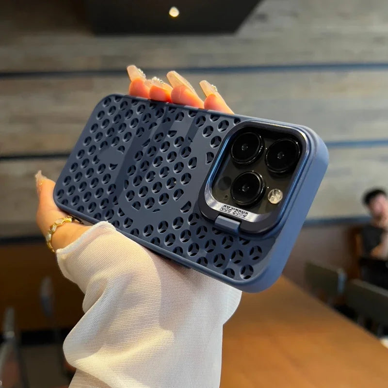 Textured blue phone case with a multi-lens camera cutout.