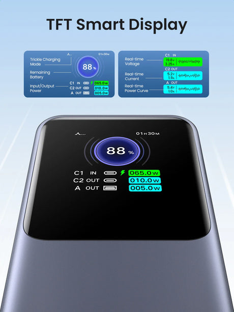 TFT smart display device showing battery percentage and charging information.