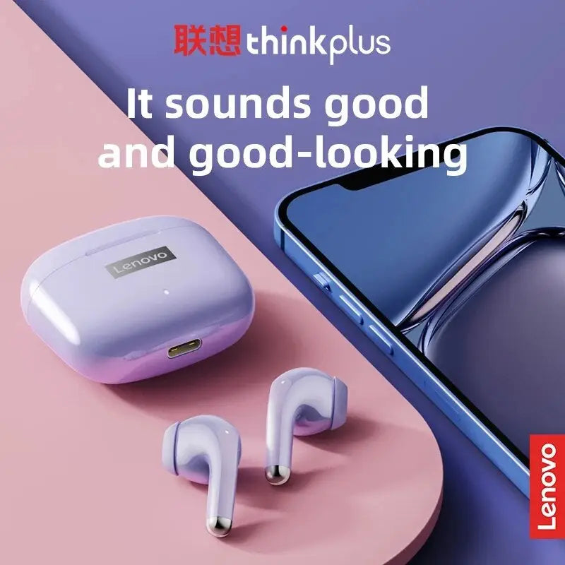 a pair of bluetooth earphones on a pink background