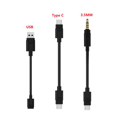 Three black charging cables with different connector types: USB, Type C, and 3.5MM audio jack.