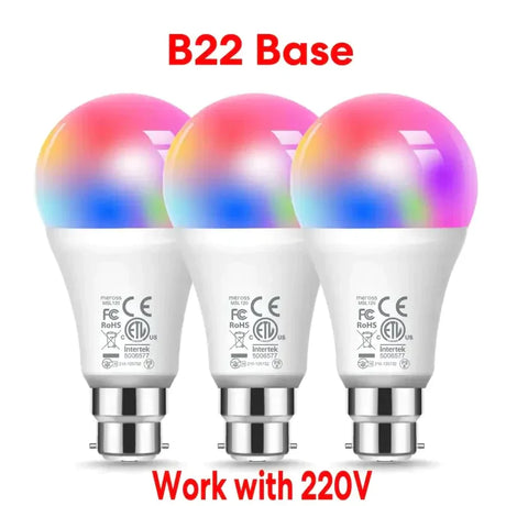 Three different color led bulbs with a white background