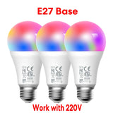 three different colored light bulbs with the words e27 base