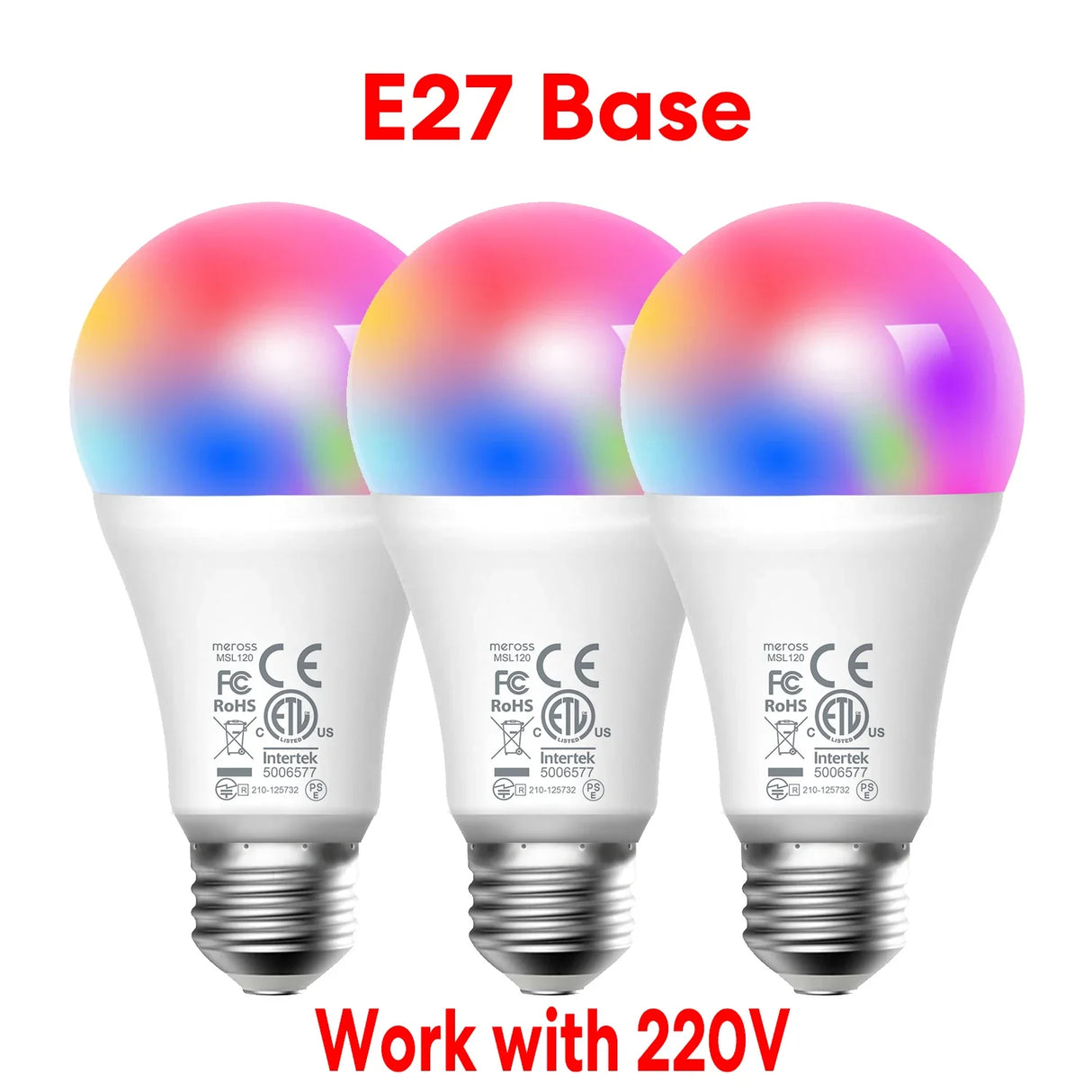 three different colored light bulbs with the words e27 base