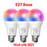 three different colored light bulbs with the words e27 base