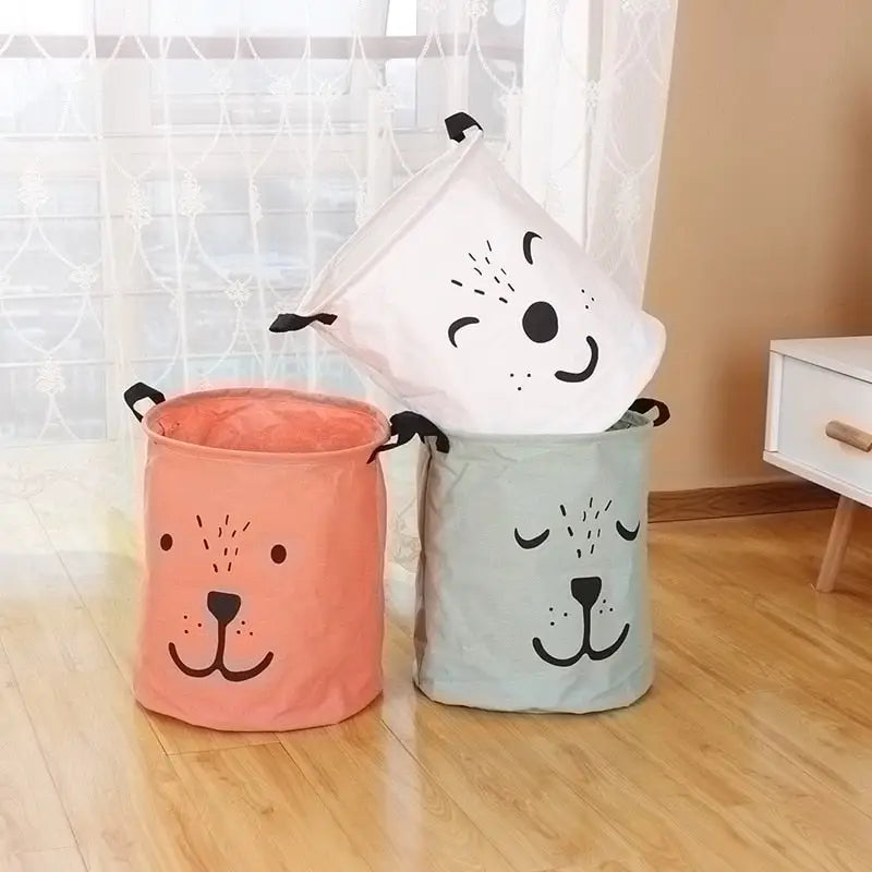 three colorful dog shaped storage bags on the floor