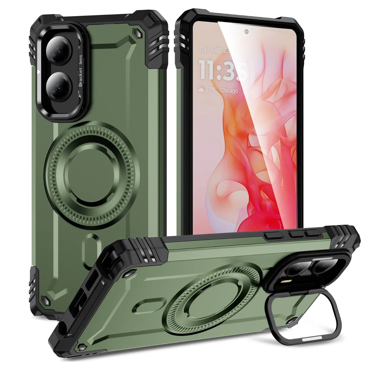 Three green and black rugged phone cases with a built-in kickstand and magnetic ring.