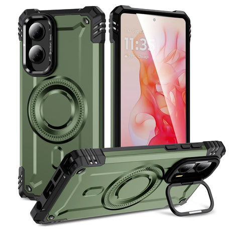 Three green and black rugged phone cases with a built-in kickstand and magnetic ring.
