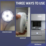 three different images of a kitchen with a light on it