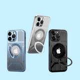 Three iPhone cases with built-in MagSafe rings and protective ridged designs in blue, silver, and black colors.