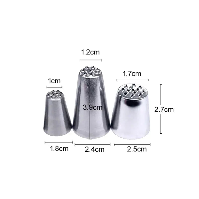 three metal cones with measurements for each of them