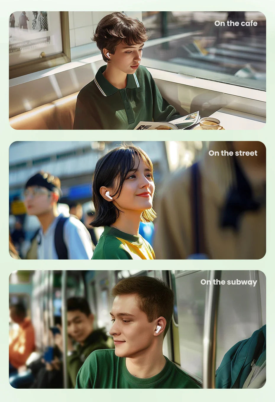 Three-panel comparison showing people in different urban settings: cafe, street, and subway.