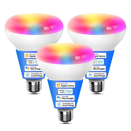 three philips smart light bulbs with colorful lighting on them