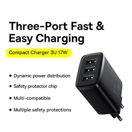 Three-port USB wall charger with a black, compact design.