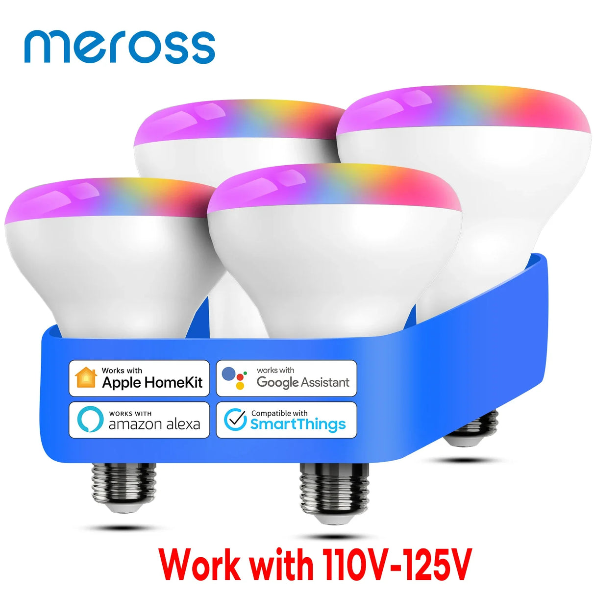 three smart light bulbs with a blue holder and a white background