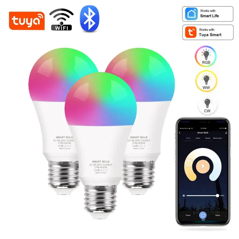 Three smart light bulbs with remote control and bluetooth