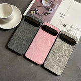 Three smartphone cases with a leopard print pattern, a circular magnetic charging ring, and a rectangular camera module cutout.