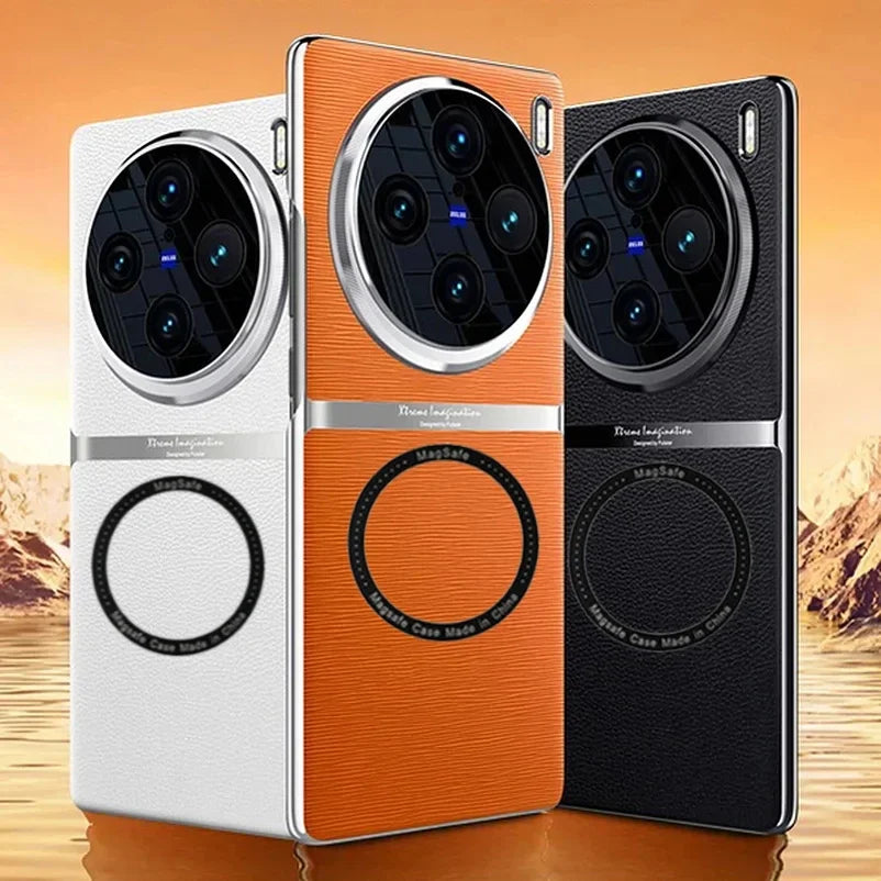 Three smartphones with distinctive circular camera arrays and contrasting color designs.