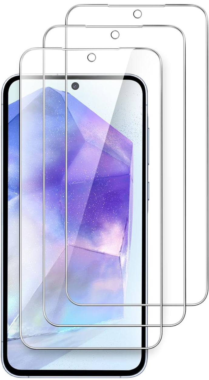 Three transparent screen protectors for a smartphone.