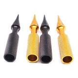 three different types of gold and black metal grips on a white background