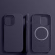 Three views of a dark purple silicone phone case with MagSafe compatibility.