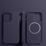 Three views of a dark purple silicone phone case with MagSafe compatibility.