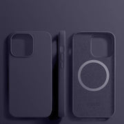 Three views of a dark purple silicone phone case with MagSafe compatibility.