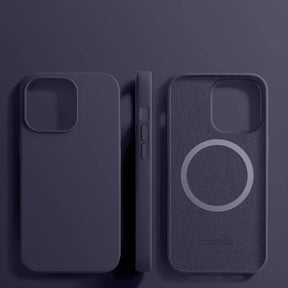 Three views of a dark purple silicone phone case with MagSafe compatibility.