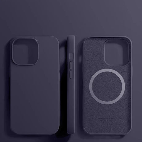 Three views of a dark purple silicone phone case with MagSafe compatibility.