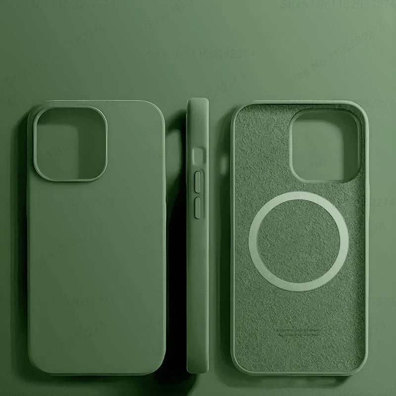 Three views of a green silicone phone case with a MagSafe ring.