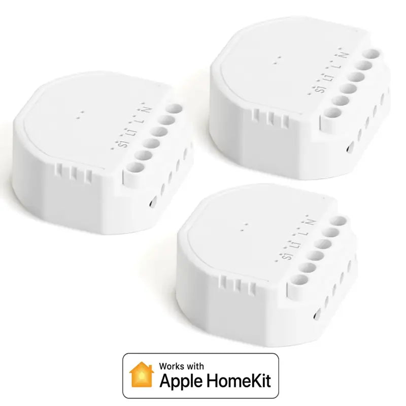 three white apple homekits with apple homekit logo