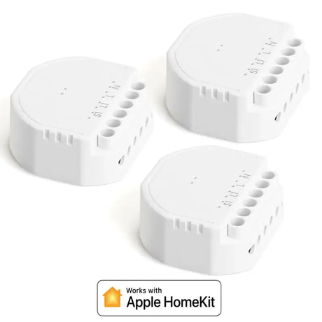 Three white apple homekits with apple homekit logo